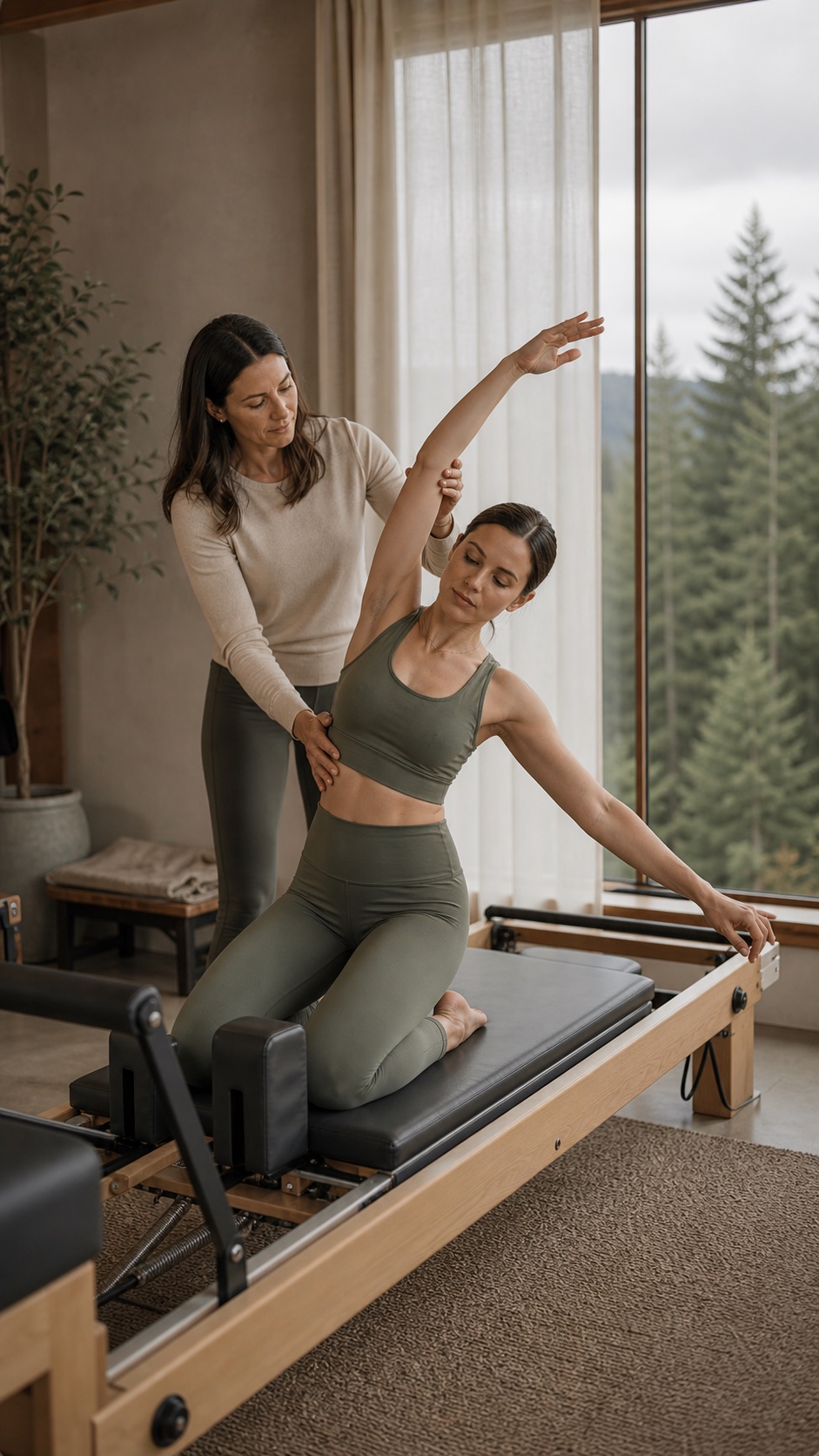 Guided Pilates movement in a Pacific Northwest studio