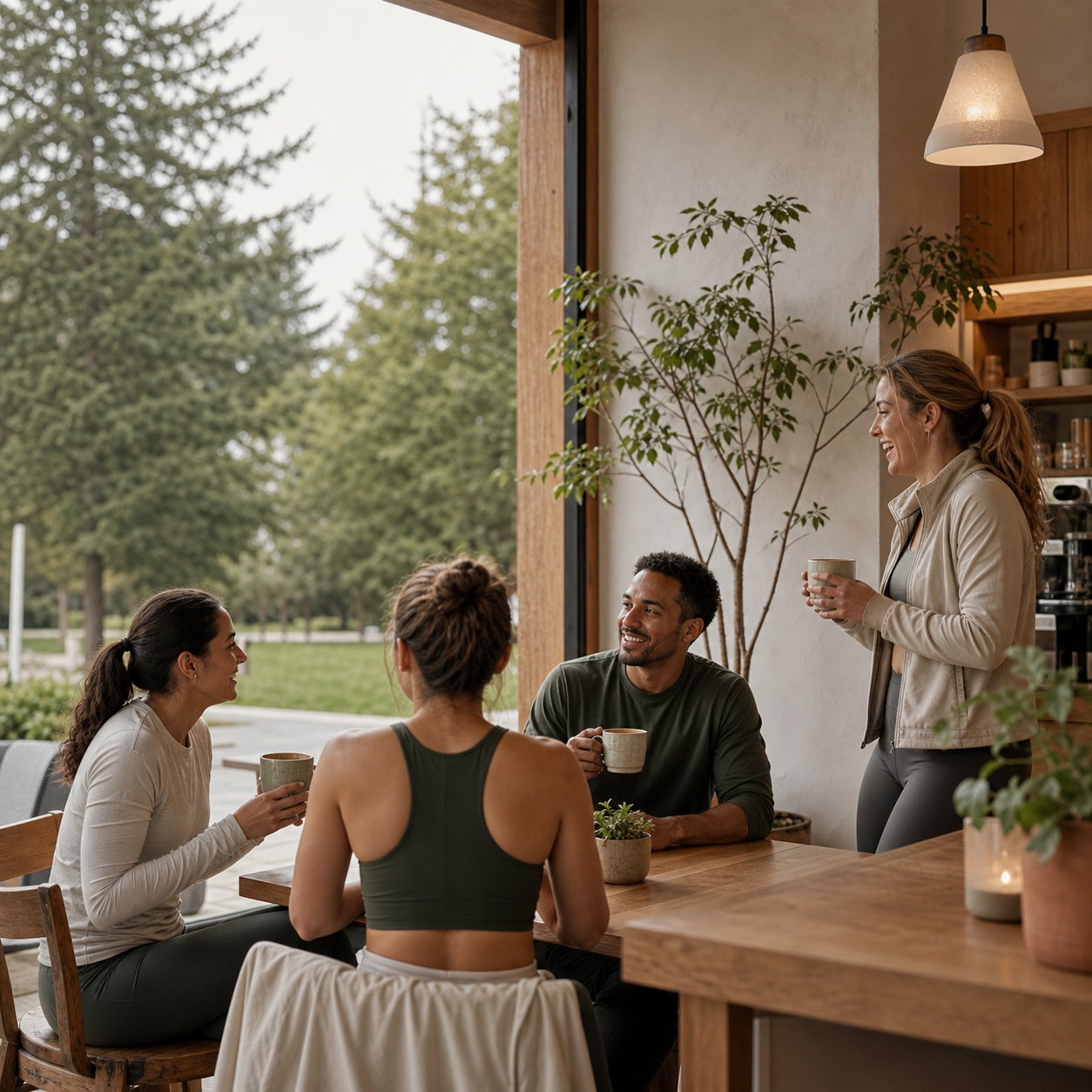 Neighbors enjoying coffee in a warm cafe with a park view