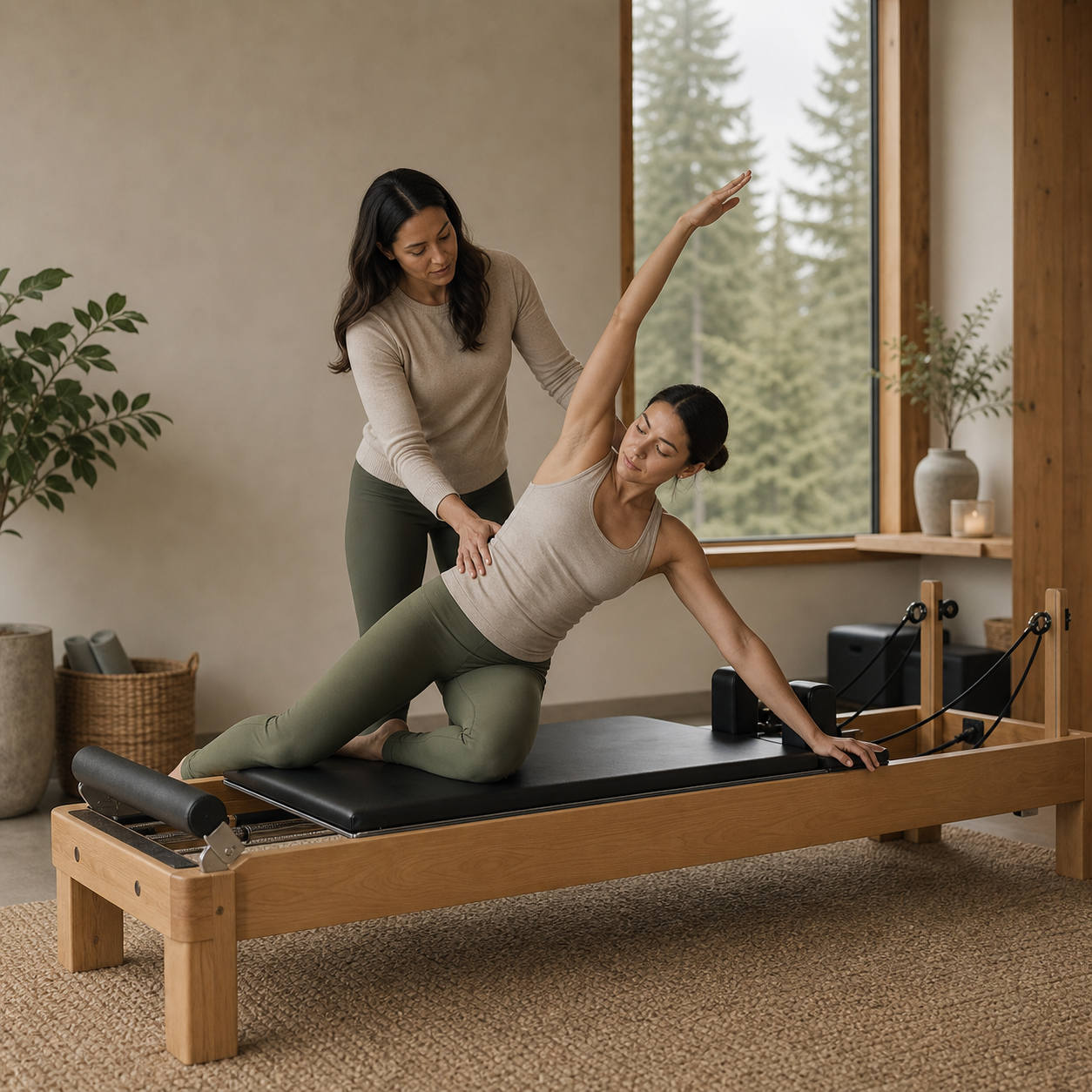 Pilates reformer session in a warm Pacific Northwest studio