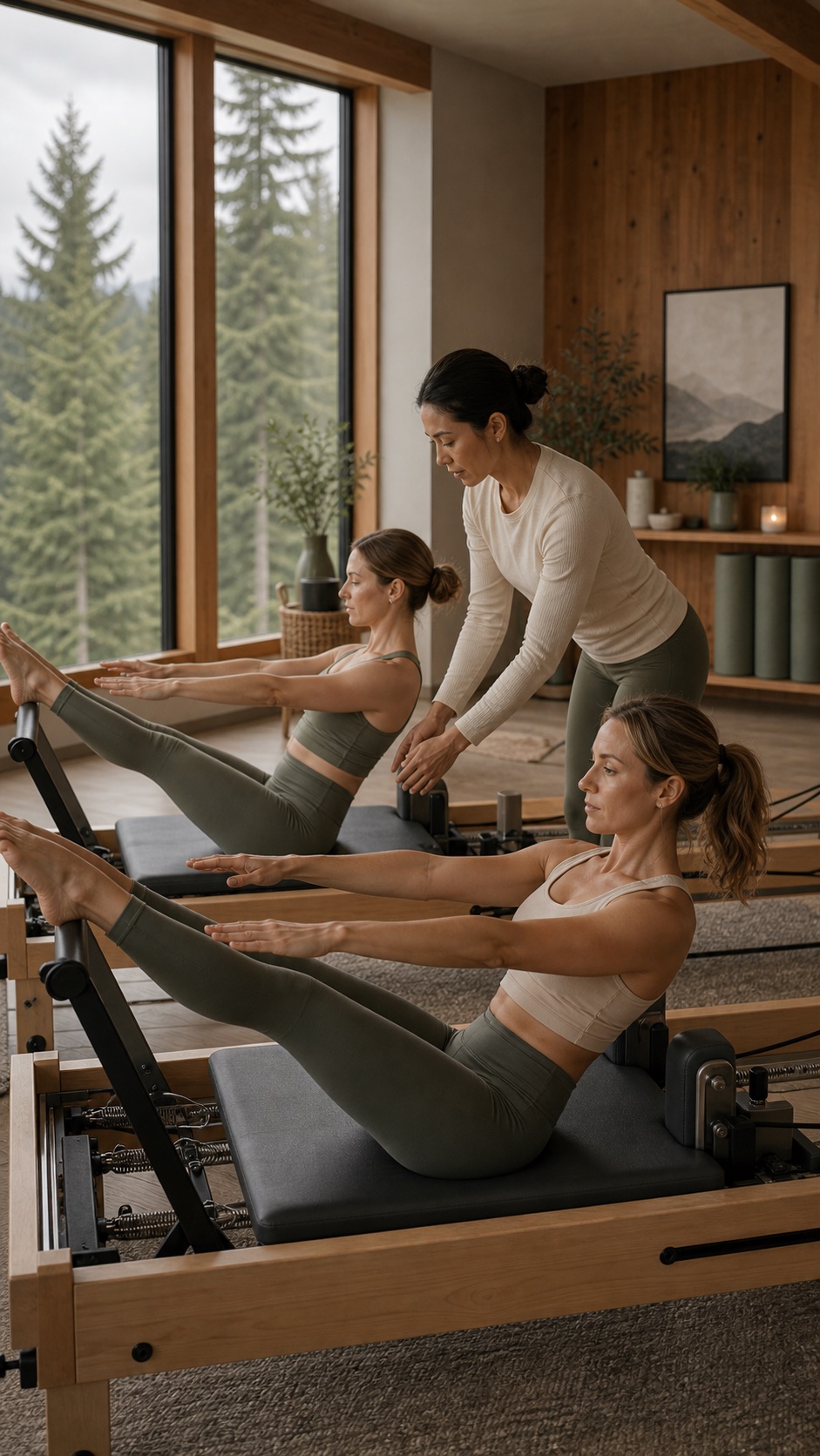 Small-group Pilates class in a Pacific Northwest inspired studio
