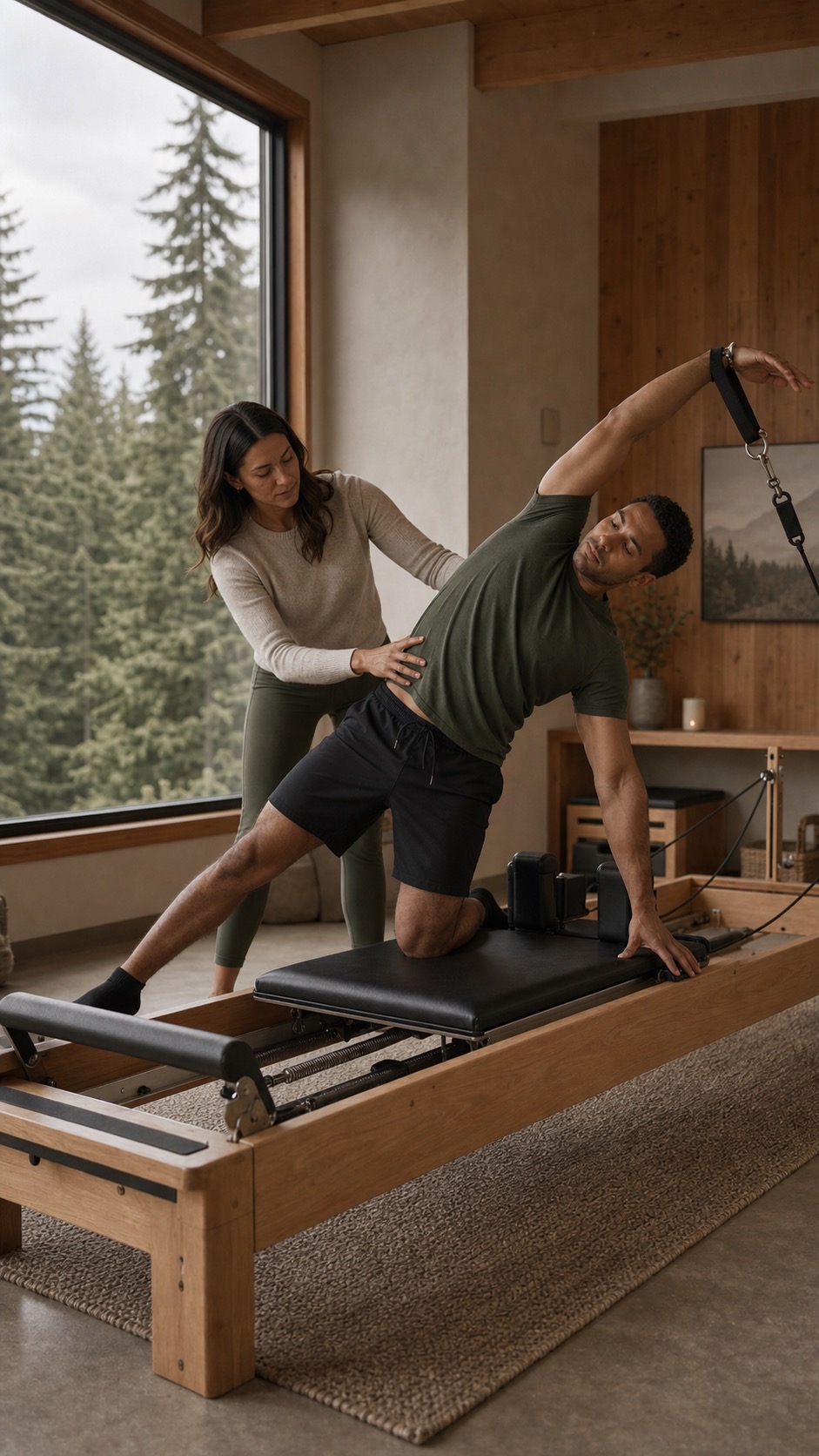Pilates instructor guiding a male client through reformer alignment in the Neighborhood studio