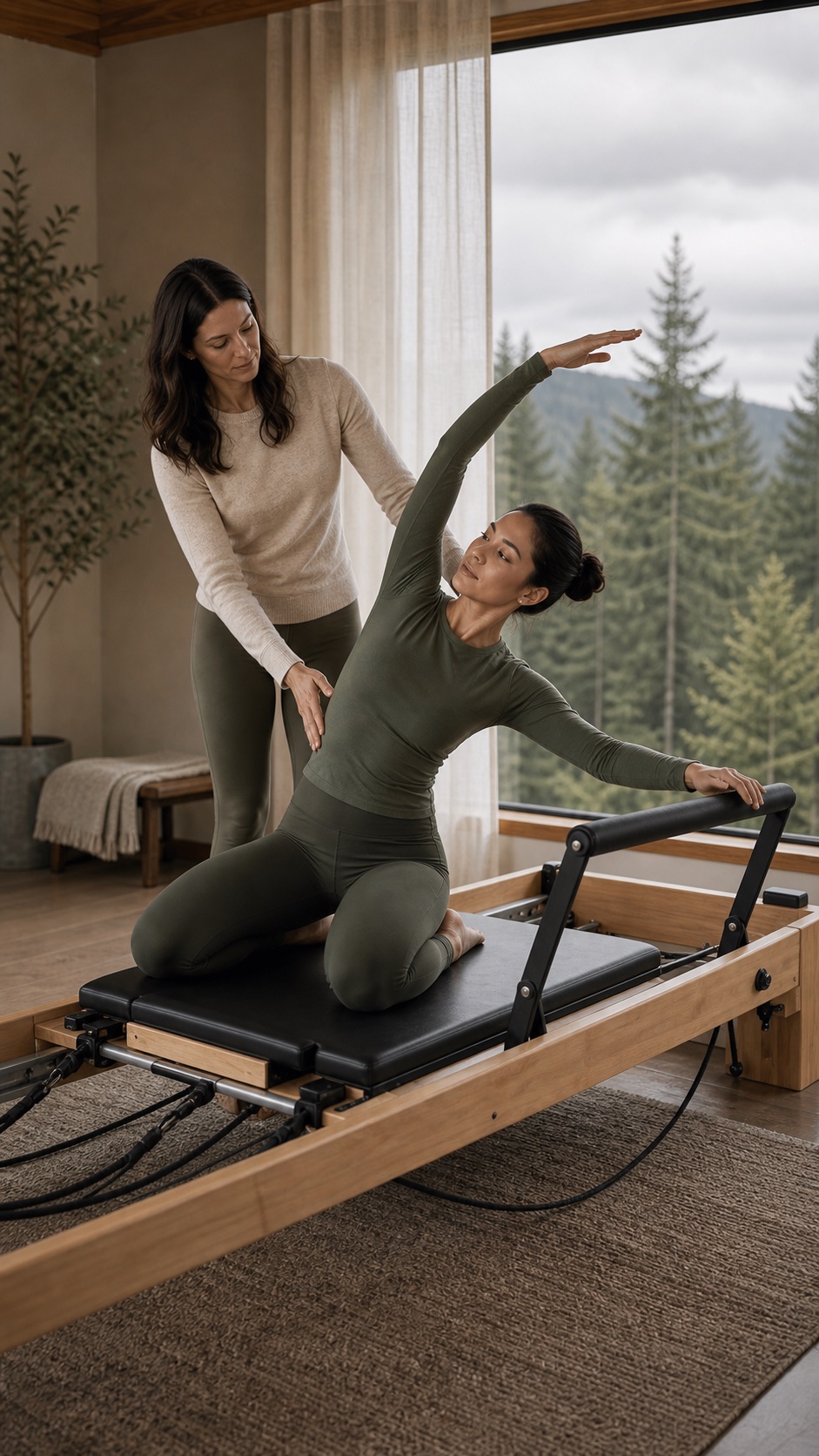 Guided Pilates stretch on a reformer with evergreen views